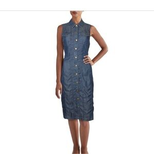 Calvin Klein blue sleeveless snap buttoned down washed denim‎ shirt dress size 3
